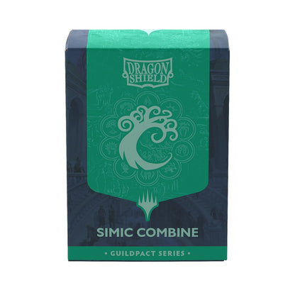Dragon Shield Simic Combine sleeve box from the Guildpact Series, featuring a blue and green design with the Simic Combine seal in the center.