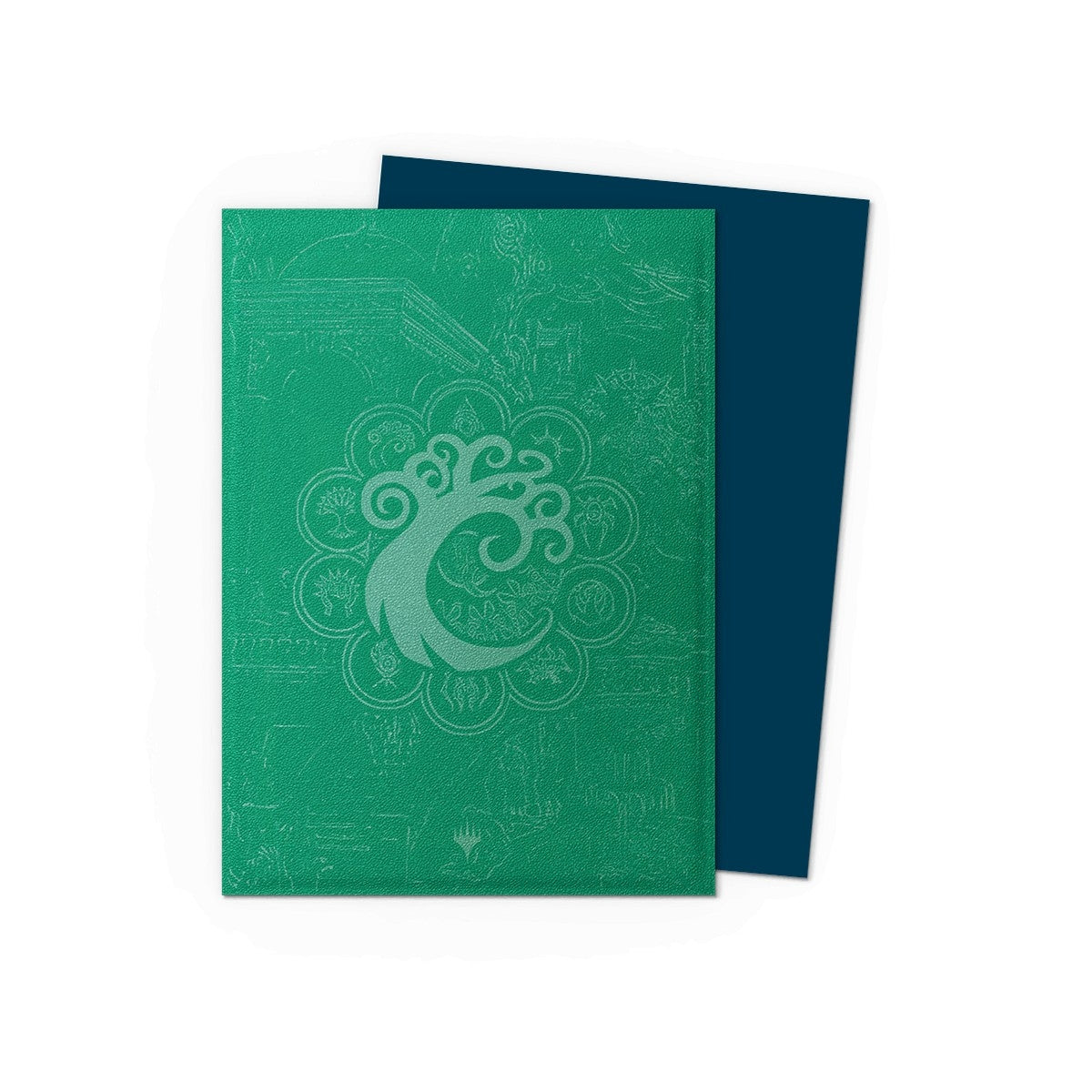 Images of the back of the Simic Combine sleeves featuring the Simic seal and a blue interior
