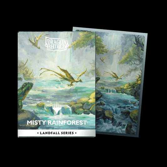 Photo of card sleeves and a box depicting Misty Rainforest with a Dragon Shield logo