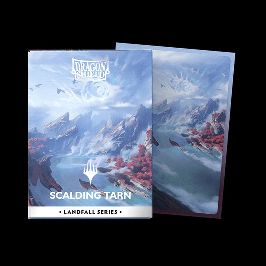 Photo of card sleeves and a box depicting Scalding Tarn with a Dragon Shield logo