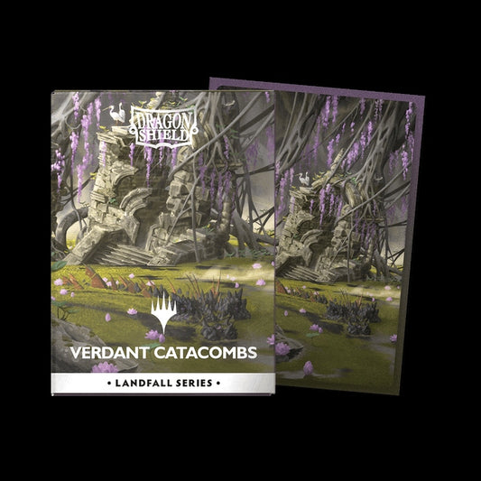 Photo of card sleeves and a box depicting Verdant Catacombs with a Dragon Shield logo