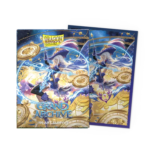 Dragon Shield Grand Archive card sleeves with Chronowarp design on a white background