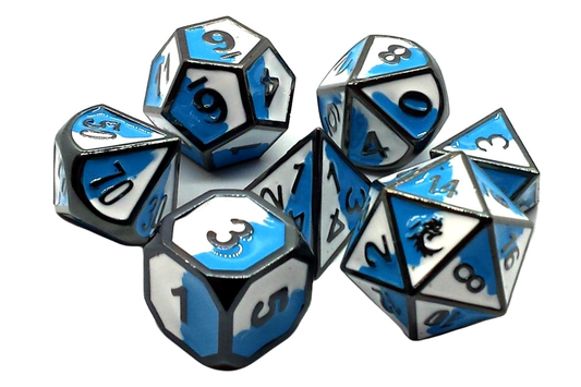 Old School Dice: 7 Piece Dice Set Dragon Forged Blue & White with Black Nickel
