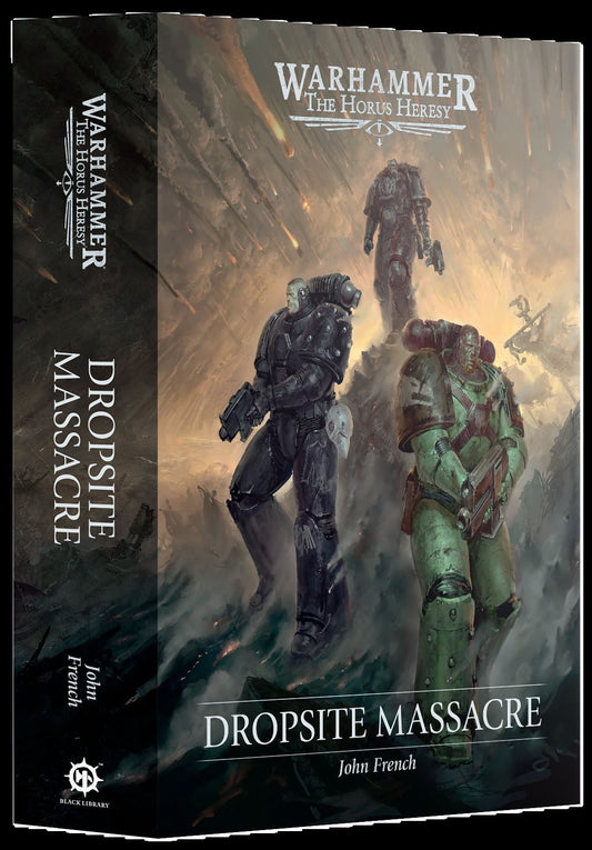 Book cover of 'Warhammer: The Horus Heresy - Dropsite Massacre' with two characters on a dark background.