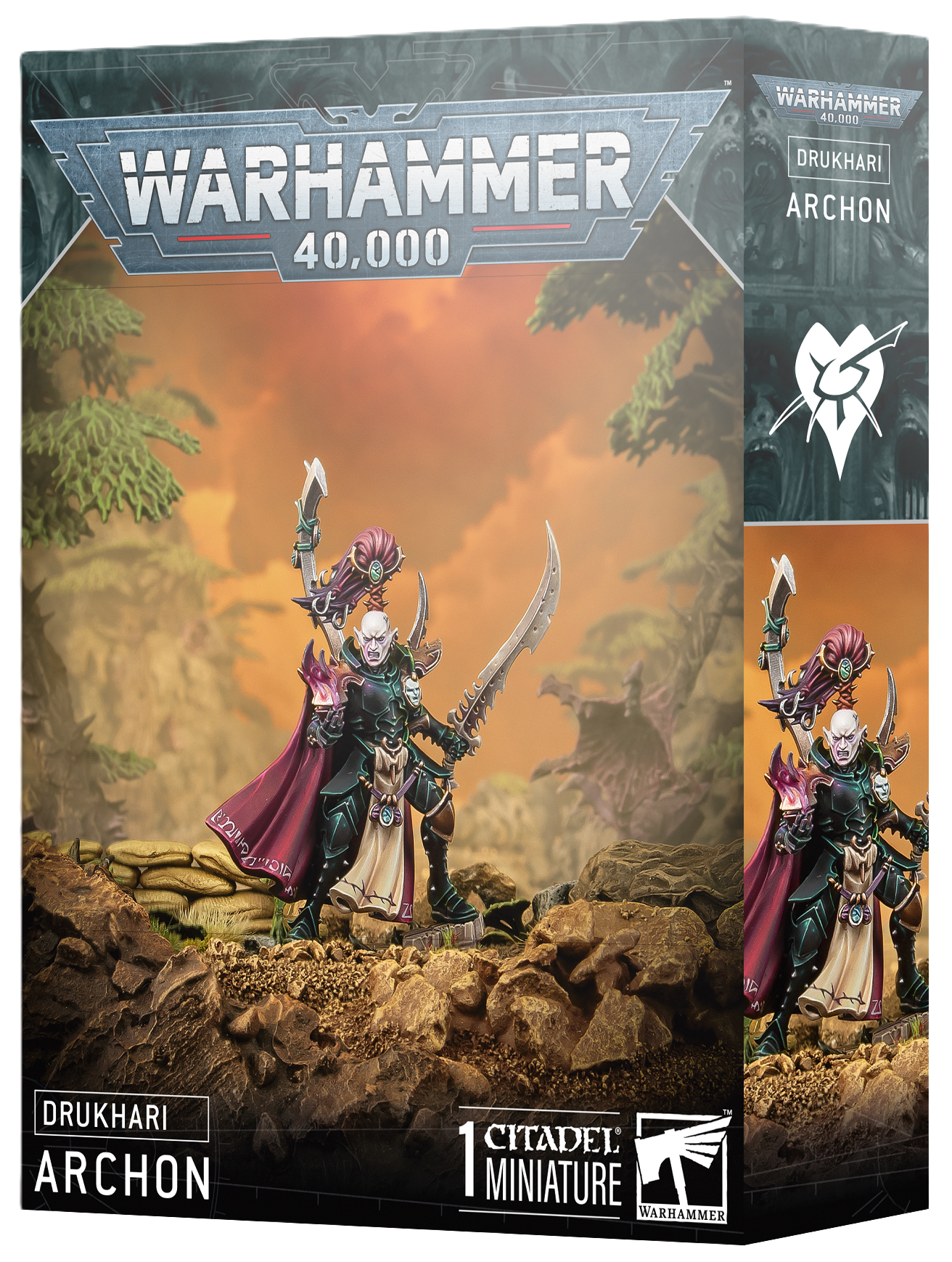 Warhammer 40,000 Drukhari Archon miniature packaging with scenic background