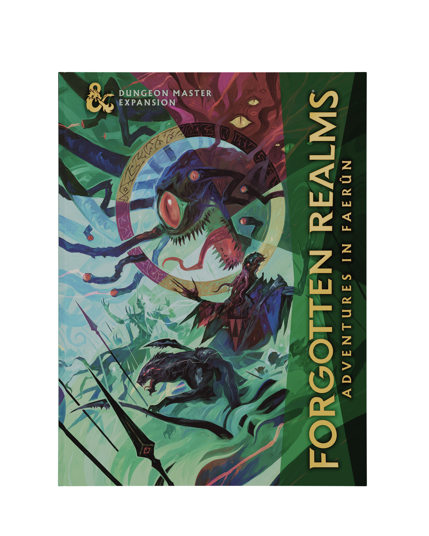Book cover of 'Forgotten Realms: Adventures in Faerun' with fantasy creatures and text.
