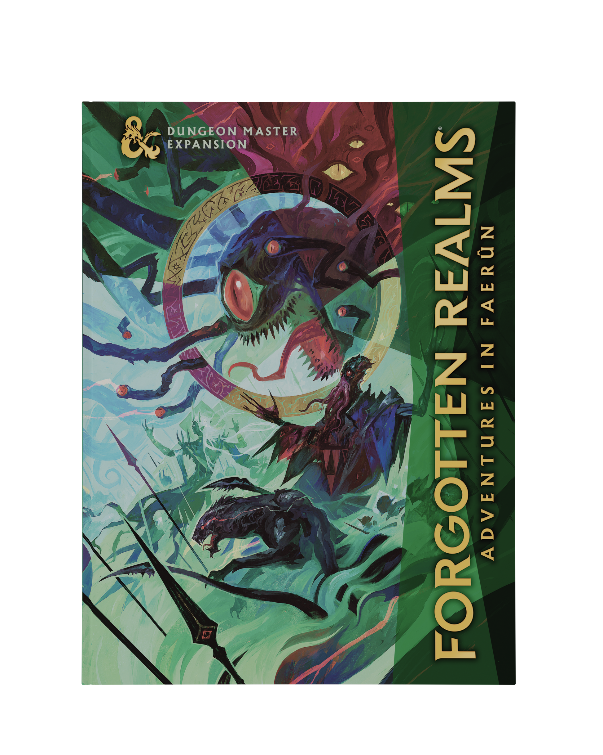 Book cover of 'Forgotten Realms: Adventures in Faerun' with fantasy creatures and text.