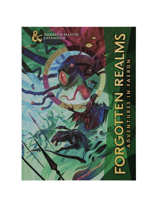 Book cover of 'Forgotten Realms: Adventures in Faerun' with fantasy creatures and text.