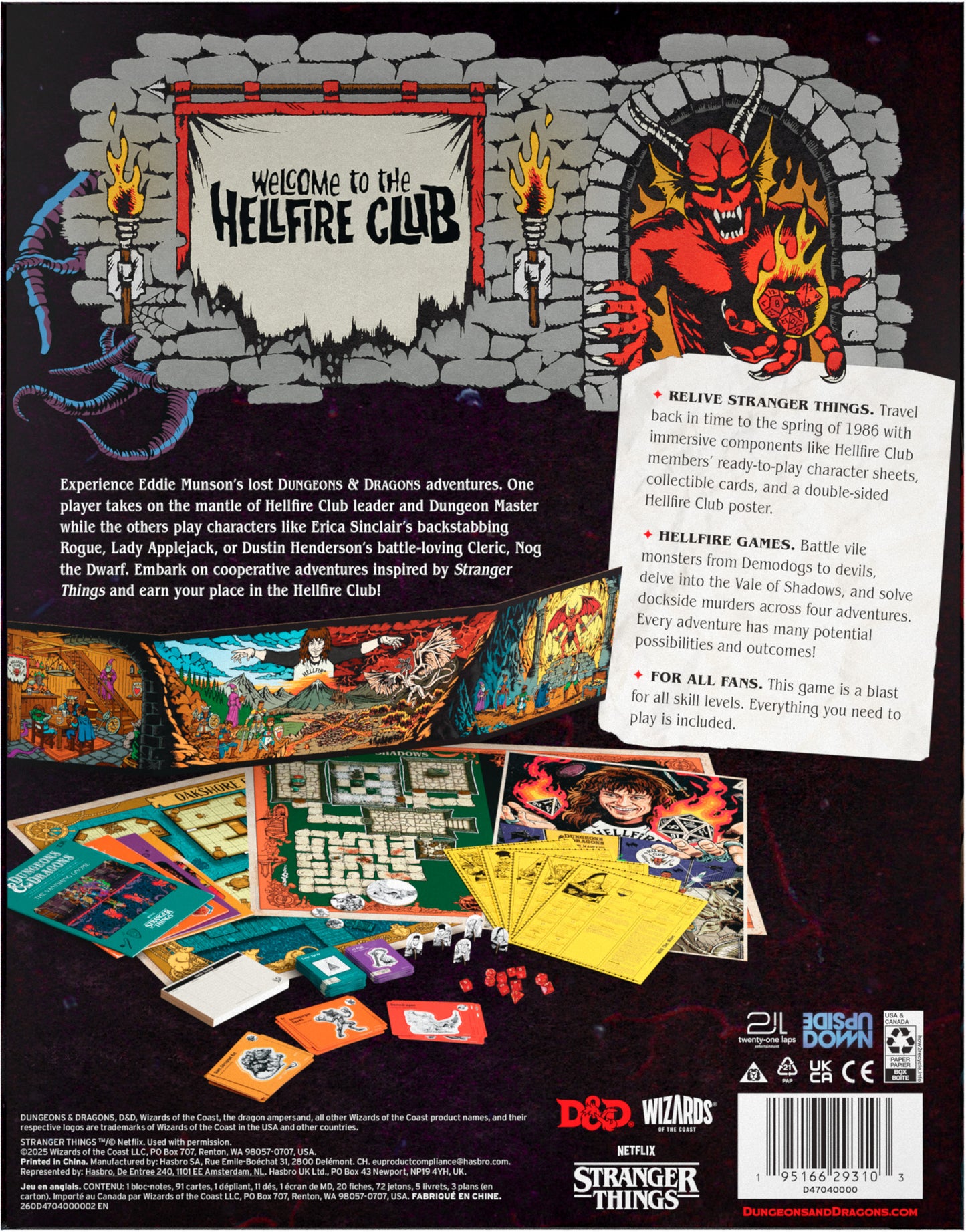Back cover of a game box for 'Stranger Things' featuring the Helfire Club with colorful game pieces and text.