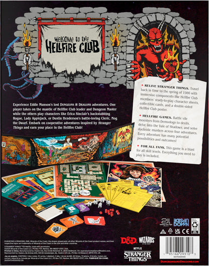 Back cover of a game box for 'Stranger Things' featuring the Helfire Club with colorful game pieces and text.