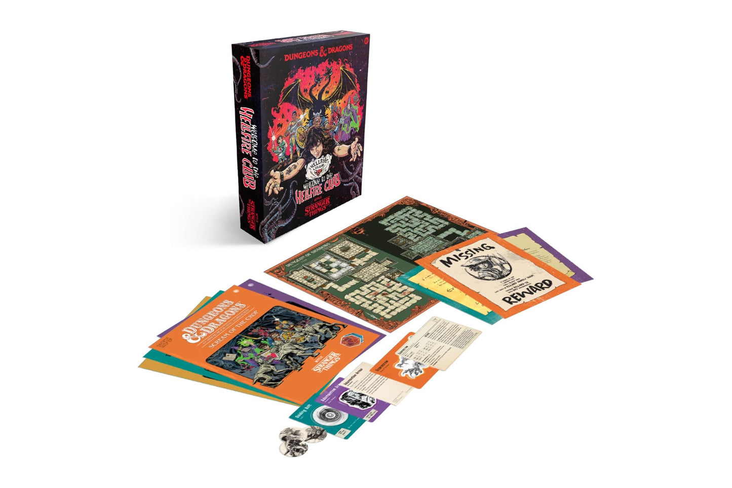 Board game packaging with colorful game pieces on a white background