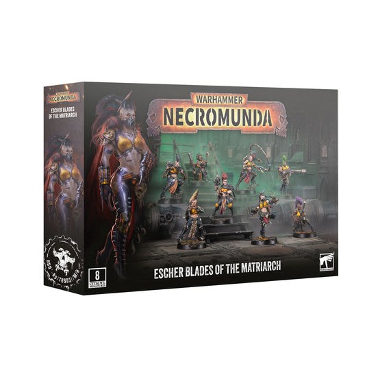 Warhammer 40k Necromunda Escher Blades of the Matriarch miniatures box set, featuring a dark sci-fi themed box with character illustrations and the Warhammer 40k logo.