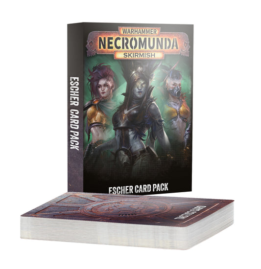 Warhammer Necromunda Skirmish Fischer Card Pack box standing upright with a deck of cards placed in front on a white background.