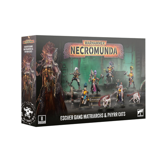 Warhammer Necromunda Escher Gang Matriarchs & Phyrр Cats tabletop miniatures box, showing the product packaging with illustrated character art and a display of the miniatures on a white background.