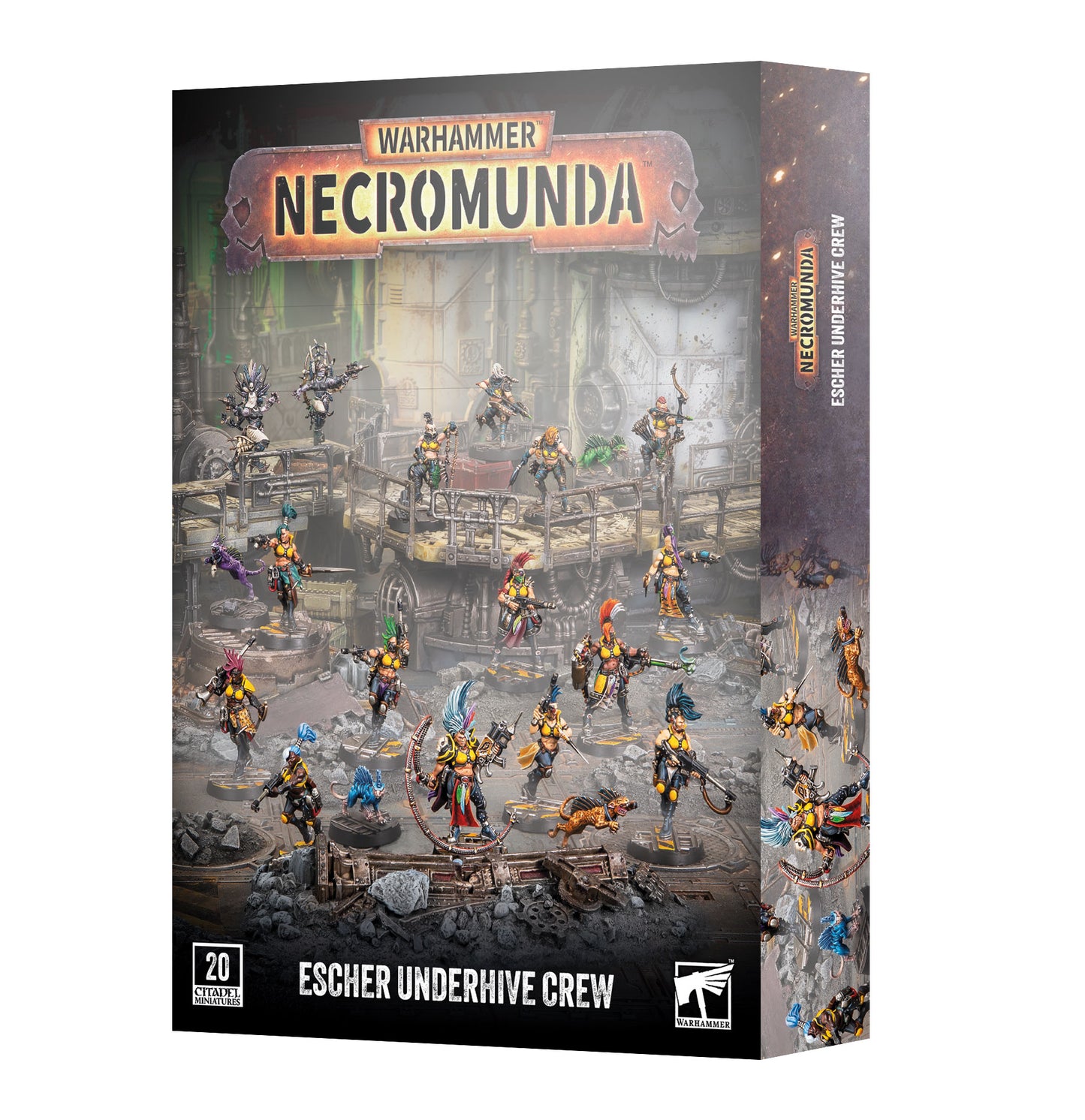 Warhammer Necromunda Escher Underhive Crew box set, showing the front and side packaging with detailed miniature artwork of the crew on a white background.