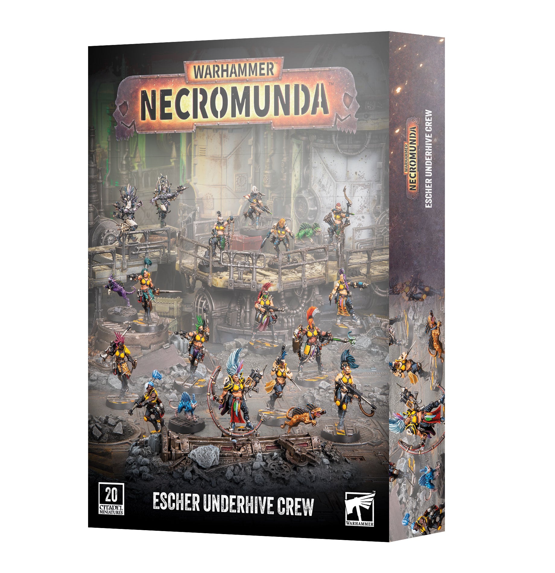 Warhammer Necromunda Escher Underhive Crew box set, showing the front and side packaging with detailed miniature artwork of the crew on a white background.