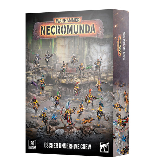 Warhammer Necromunda Escher Underhive Crew box set, showing the front and side packaging with detailed miniature artwork of the crew on a white background.