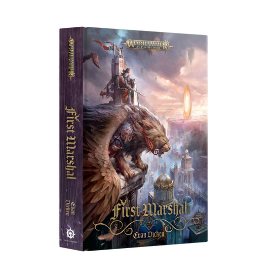Book titled 'First Marshal' with a fantasy cover featuring a lion and a warrior on a white background