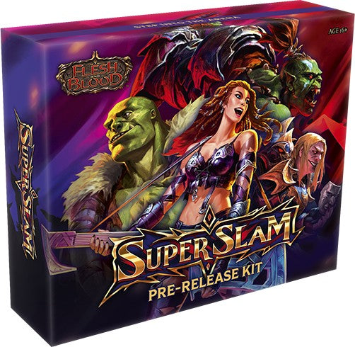 Superslam pre-release kit packaging with fantasy characters on a purple and red background