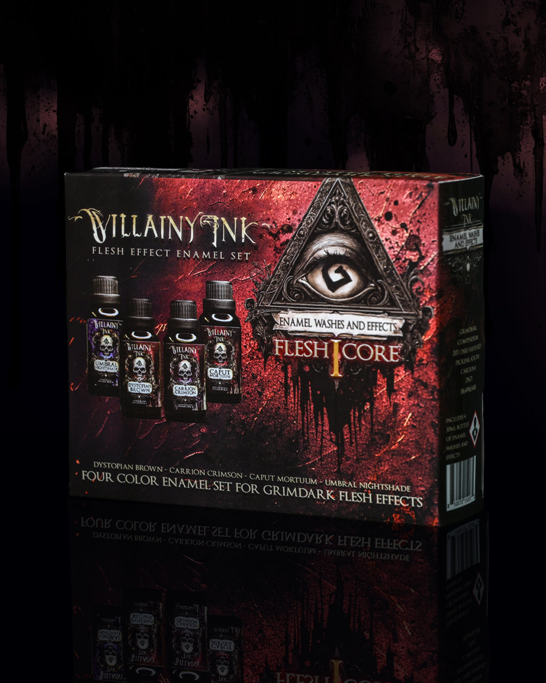 Villainy Ink Flesh Effect Enamel Set packaging with dark background