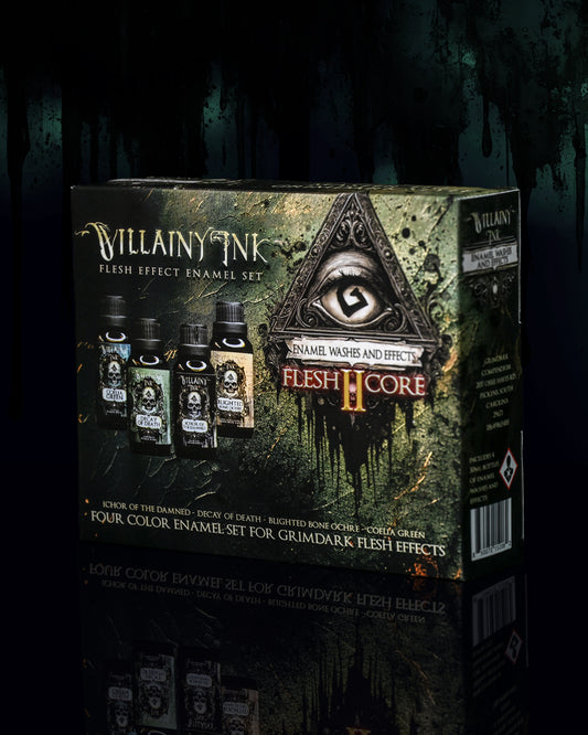 Villainy Ink flesh effect enamel set packaging on a dark background