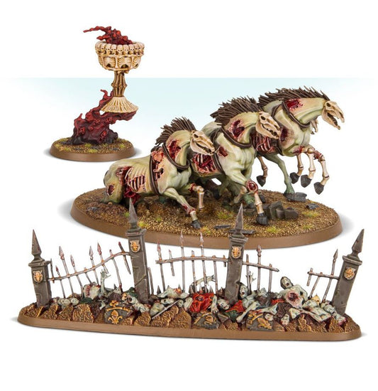 Decorative display with horse figurines, a trophy, and a base with decorative elements on a white background