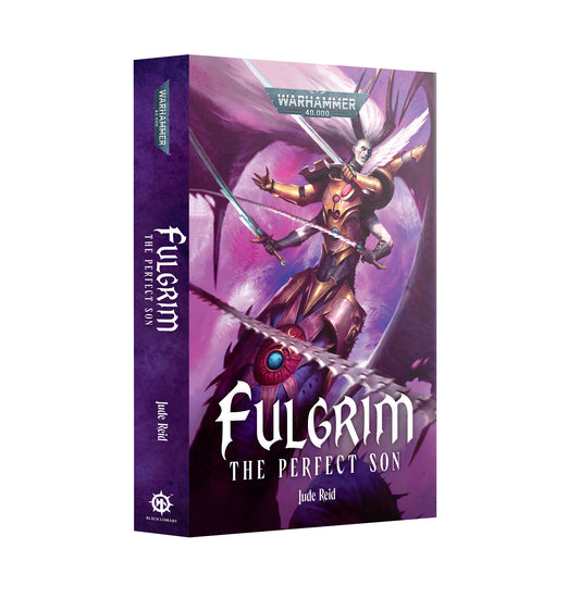 Book titled 'Fulgrim: The Perfect Son' by Jude Reid with a purple and white cover featuring a warrior character.