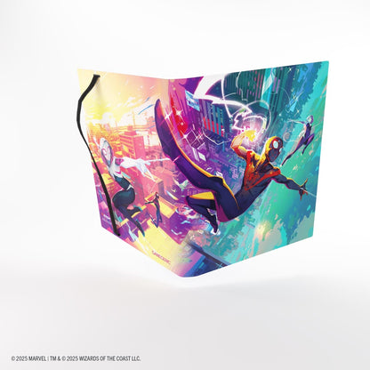 Colorful trading card album with Spider-Man and Spider-Gwen design on a white background