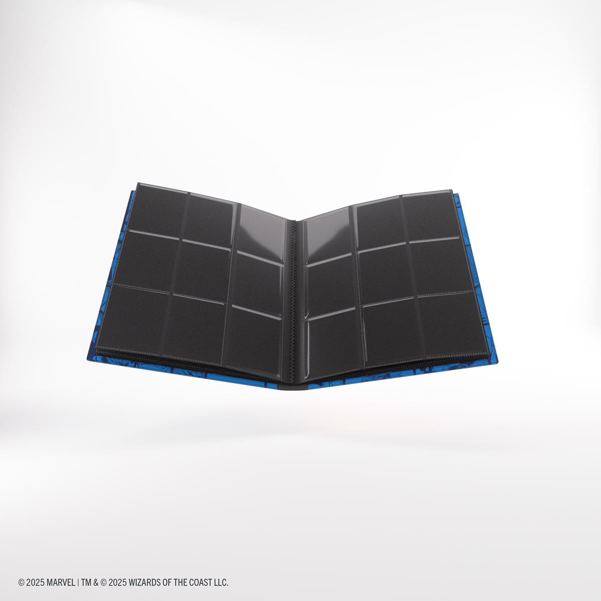 Black trading card binder with blue border on a white background