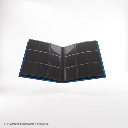 Black trading card binder with blue border on a white background