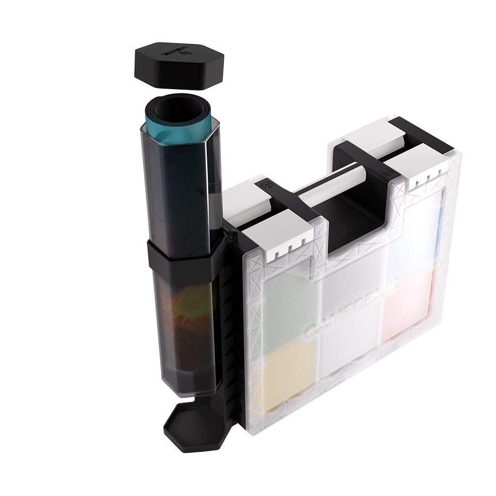 Photo of the black playmat tube holder attached to the Game Castle storage box