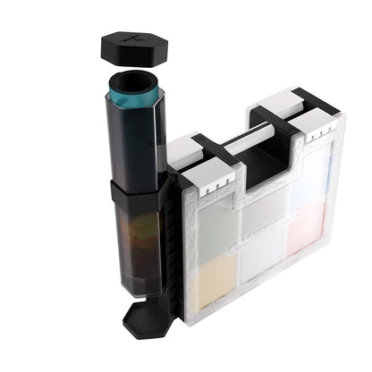 Photo of the black playmat tube holder attached to the Game Castle storage box