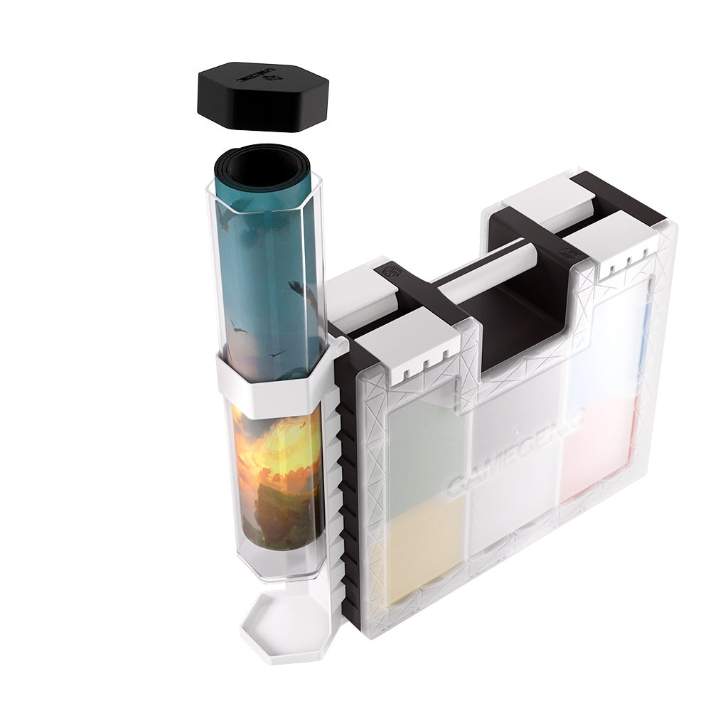 Photo of the playmat tube holder attached to the Game Castle storage box