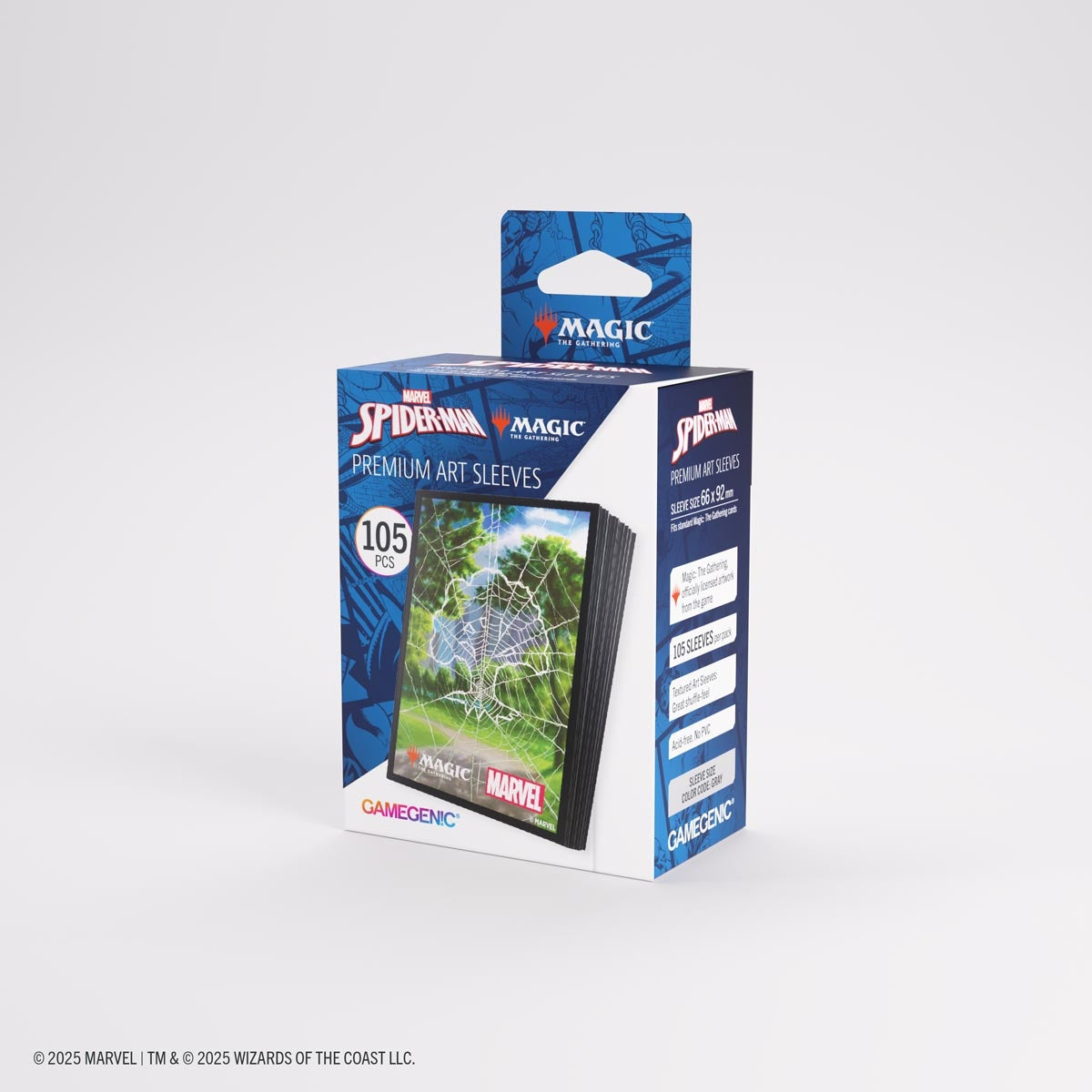 Pack of Marvel Spider-Man premium art sleeves with a Magic the Gathering Green Mana Symbol and Gamegenic branding on a white background
