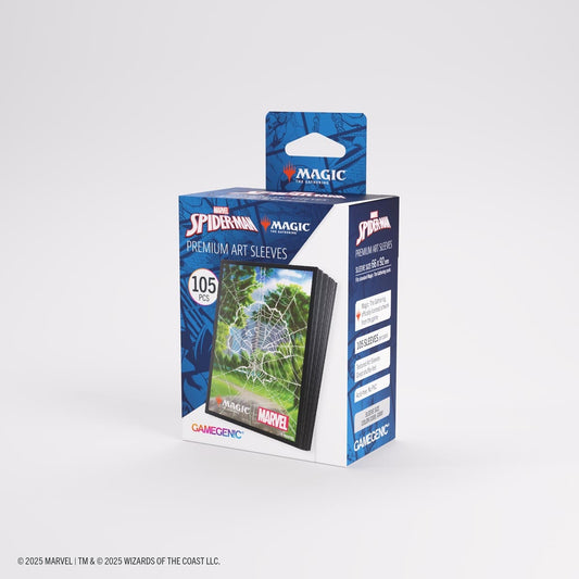 Pack of Marvel Spider-Man premium art sleeves with a Magic the Gathering Green Mana Symbol and Gamegenic branding on a white background