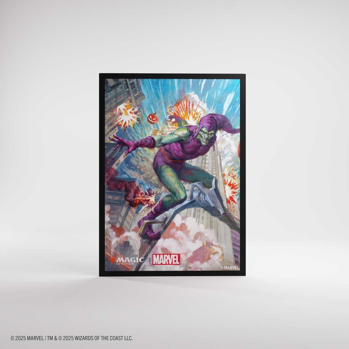 Marvel-themed card sleeve back with Green Goblin art on a white background