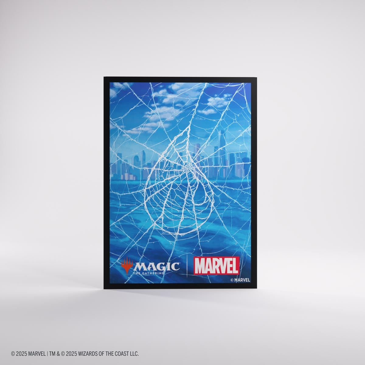 Framed poster with spider web island design and Marvel and Magic: The Gathering logos on a gray background