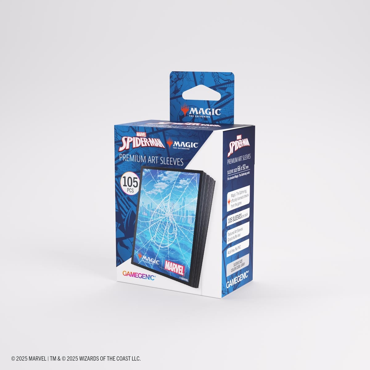 Pack of Marvel Spider-Man premium art sleeves with a Magic the Gathering blue mana symbol and Gamegenic branding on a white background