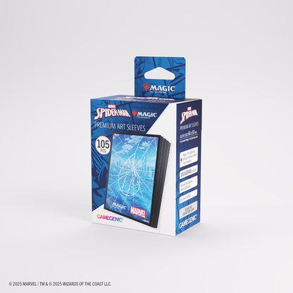 Pack of Marvel Spider-Man premium art sleeves with a Magic the Gathering blue mana symbol and Gamegenic branding on a white background