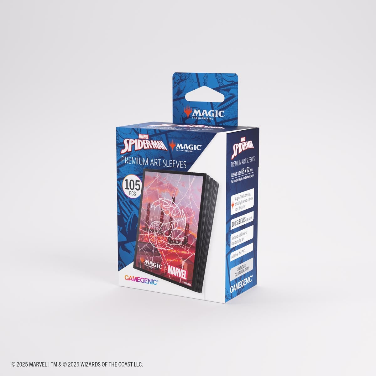 Pack of Marvel Spider-Man premium art sleeves with Magic the Gathering red mana symbol and Gamegenic branding on a white background