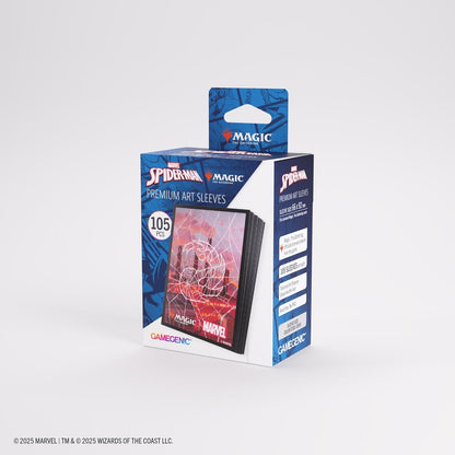 Pack of Marvel Spider-Man premium art sleeves with Magic the Gathering red mana symbol and Gamegenic branding on a white background