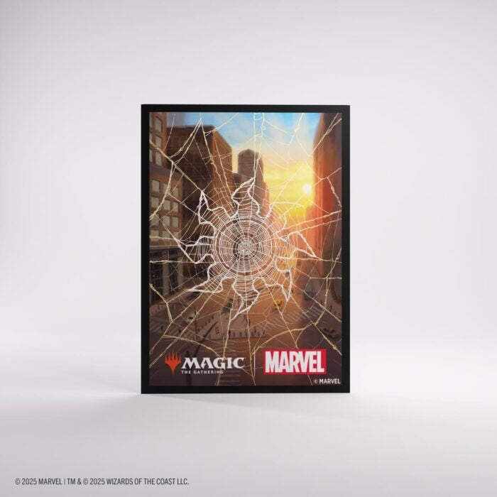 Card sleeve back with spider web plains design and Marvel and Magic: The Gathering logos on a white background