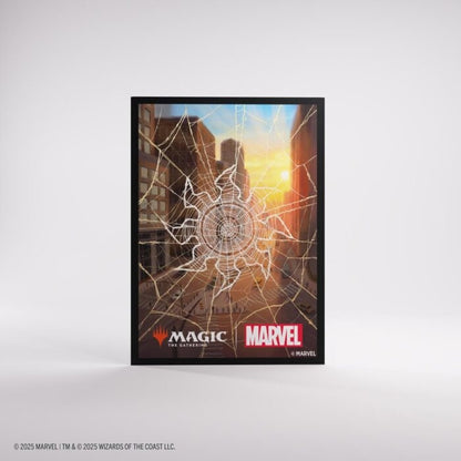 Card sleeve back with spider web plains design and Marvel and Magic: The Gathering logos on a white background