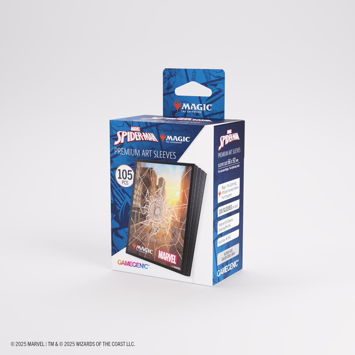 Pack of Marvel Spider-Man premium art sleeves with a Magic the Gathering white mana symbol and Gamegenic branding on a white background
