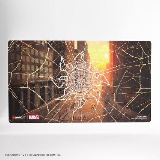 Spider web Plains design on a playing mat with Marvel and Magic: The Gathering logos.