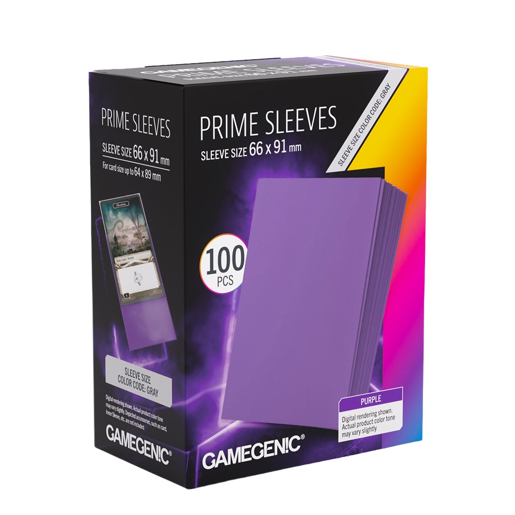 Gamegenic Prime Sleeves packaging with purple sleeves on a white background