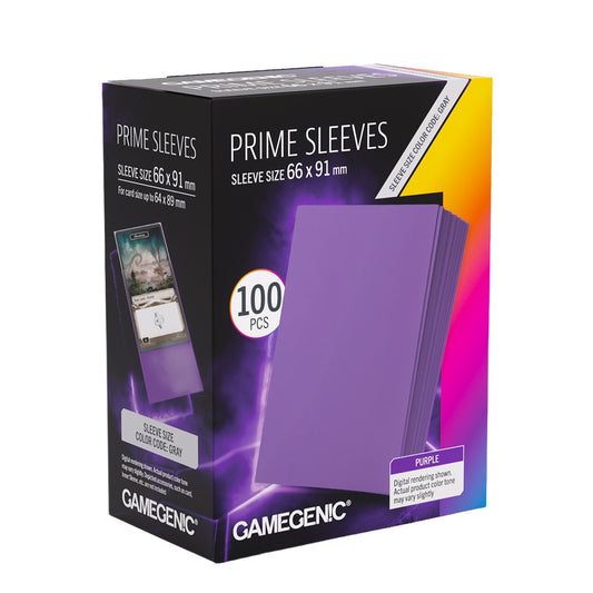 Gamegenic Prime Sleeves packaging with purple sleeves on a white background