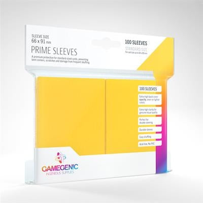 Pack of Gamegenic prime sleeves with yellow sleeves on a white background