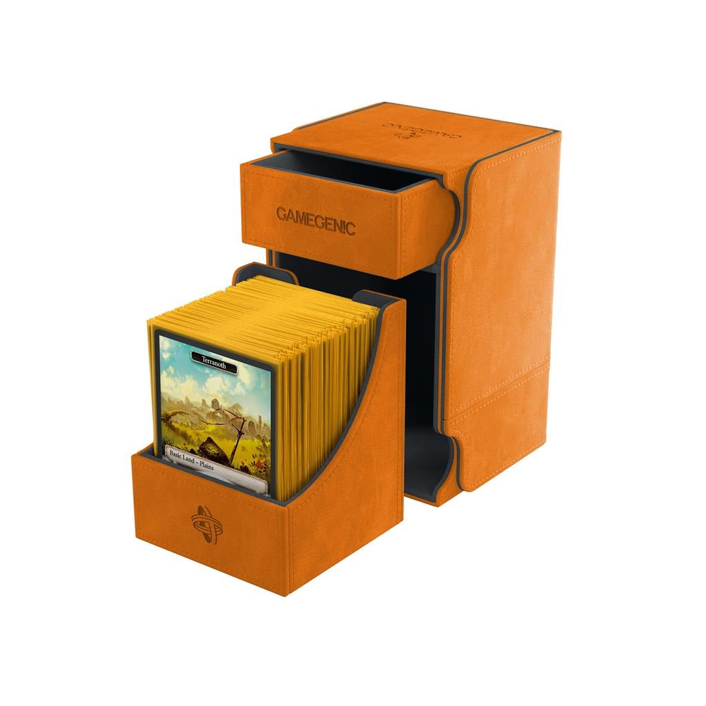 Orange Gamegenic Watchtower deck box with cards on a white background