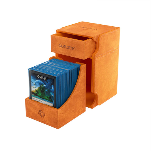 Orange Gamegenic Watchtower deck box with blue cards on a white background